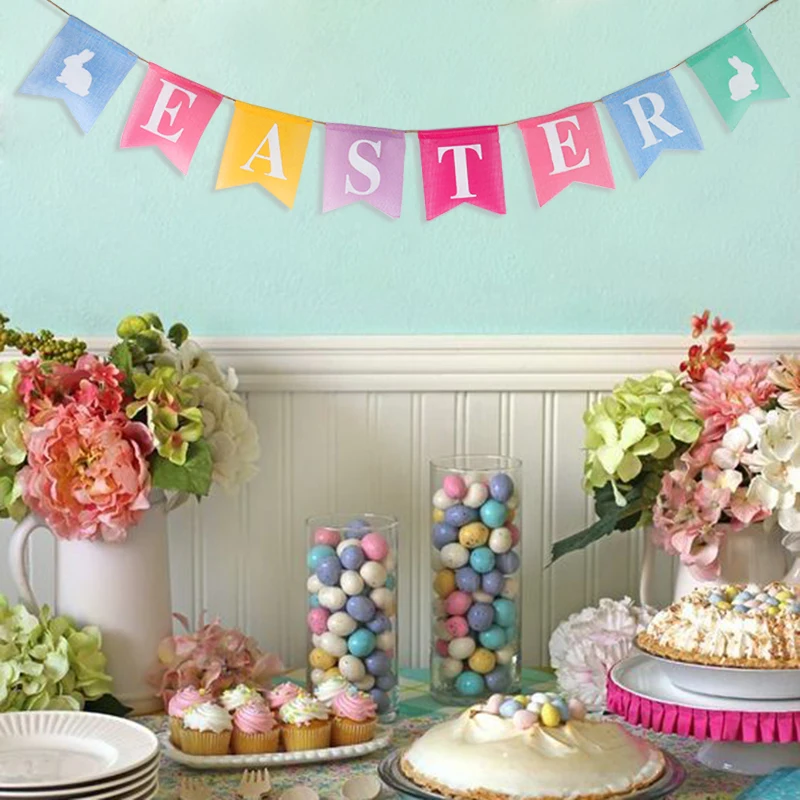 

1set EASTER Rabbit Burlap Banner Colorful Garland Easter Decorations for Home Bunny Banner Easter Day Photo Props Gift for Kids