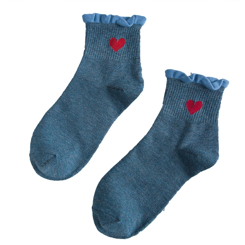 Женские носки, 1 пара, Длинные повседневные Дышащие носки с милым принтом, носки с принтом в форме сердца, хлопковые гофрированные белые, черные, желтые носки, розовые эластичные носки для девочек - Цвет: Тёмно-синий