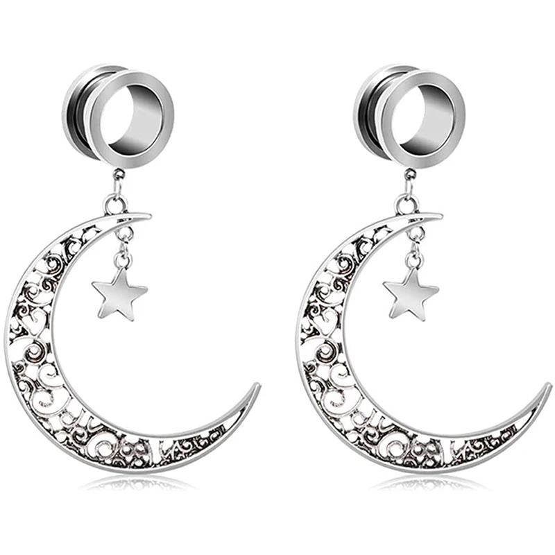 Ear Gauge Tunnels Surgical Steel Tunnel Large Moon Dangle Hoop Ear
