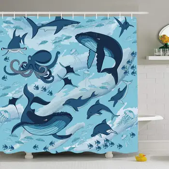

Shower Curtain Set with Hooks 72x72 Fish Textile Animals Design Pattern Deep Water Blue Fin Wildlife Textures Ocean Sharks