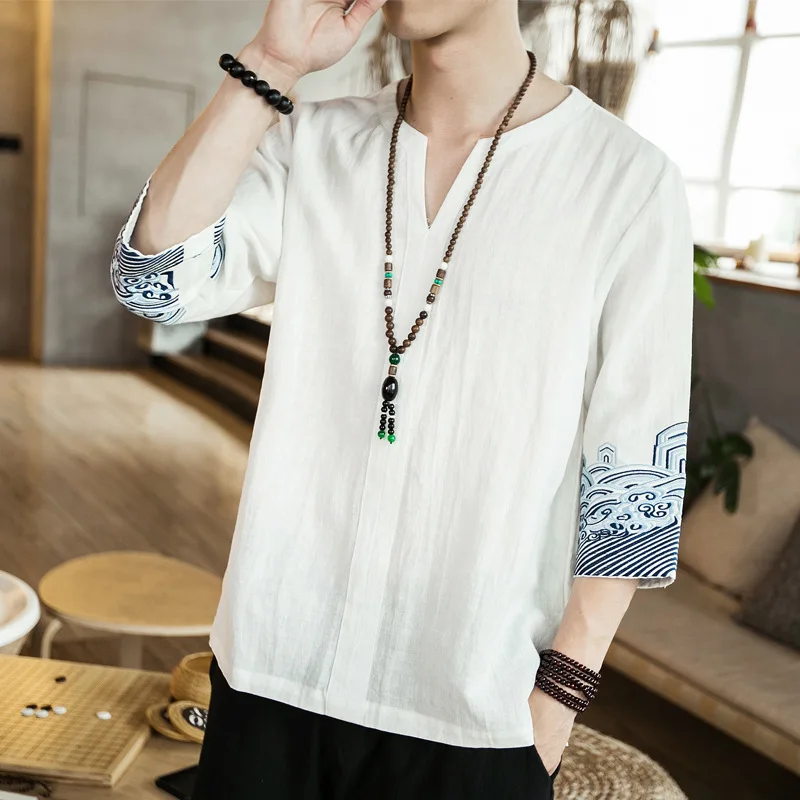 

2020 Summer New Style Fashion And Personality Loose-Fit Men'S Wear Short Half-sleeve Shirt Cotton Linen Flax Embroidered T-shirt