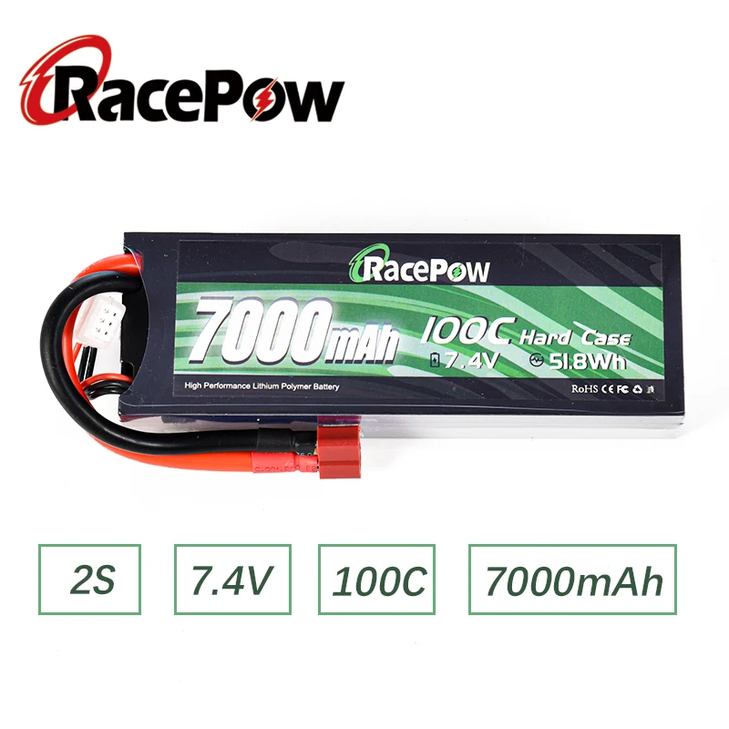 

RacePow RC Lipo battery 7000mAh 2S 7.4V 100C with HardCase 2 cells with T Deans Plug For Traxxas RC Car Buggy Boats Tank Truck