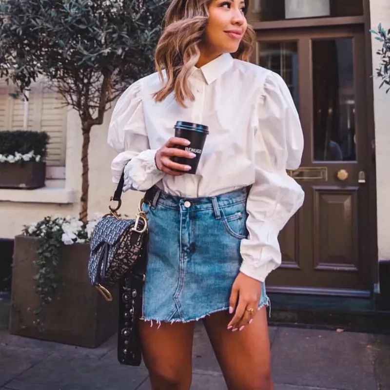 

DEAT 2019 Autumn Long Puff Sleeve White Casual Blouse Women Shirt MG256