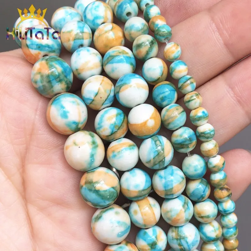 Natural Stone Beads Round Blue Yellow Colorful Rain Loose Beads For