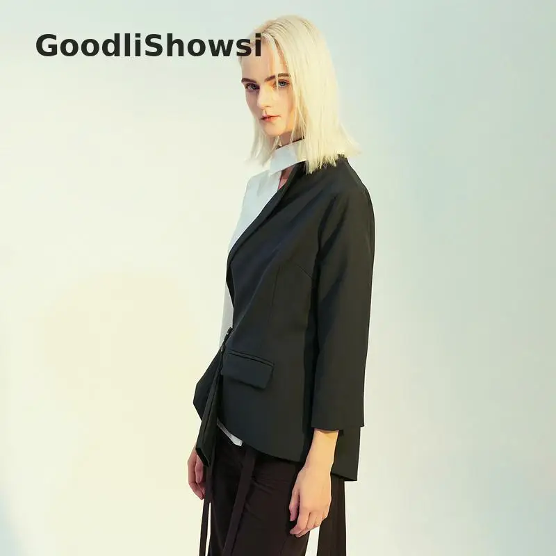 GoodliShowsi современная мода нерегулярная Лоскутная куртка асимметричный воротник контрастный цвет трендовые женские пиджаки