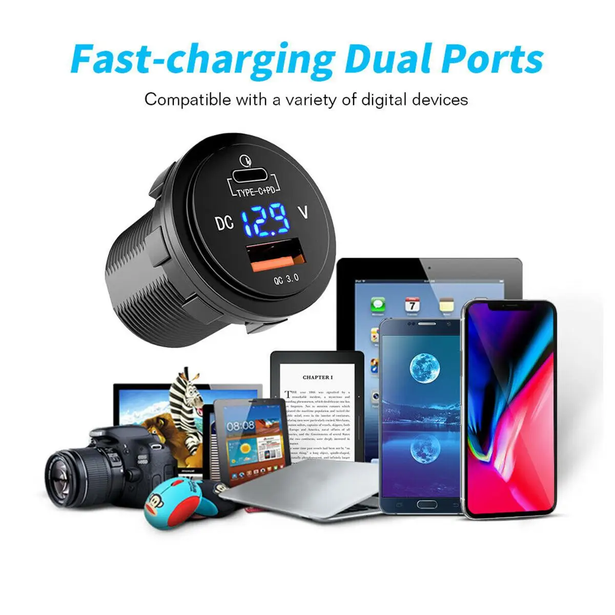 Fast Charge Type-C Car Charger USB Quick Charge Quick Charge 3.0 Socket with LED Digital Voltmeter Universal Power Outlet