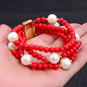 

GuaiGuai Jewelry 8'' 4 Strands 10mm White Round Pearl 6mm Round Red Coral Bracelet