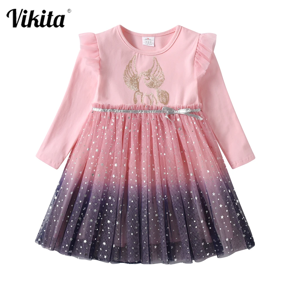 VIKITA Girl Autumn Winter Dress Kids Gradient Long Sleeve Princess Mesh Tulle Unicorn Rabbit Cartoon Elegant Dresses | Детская одежда и