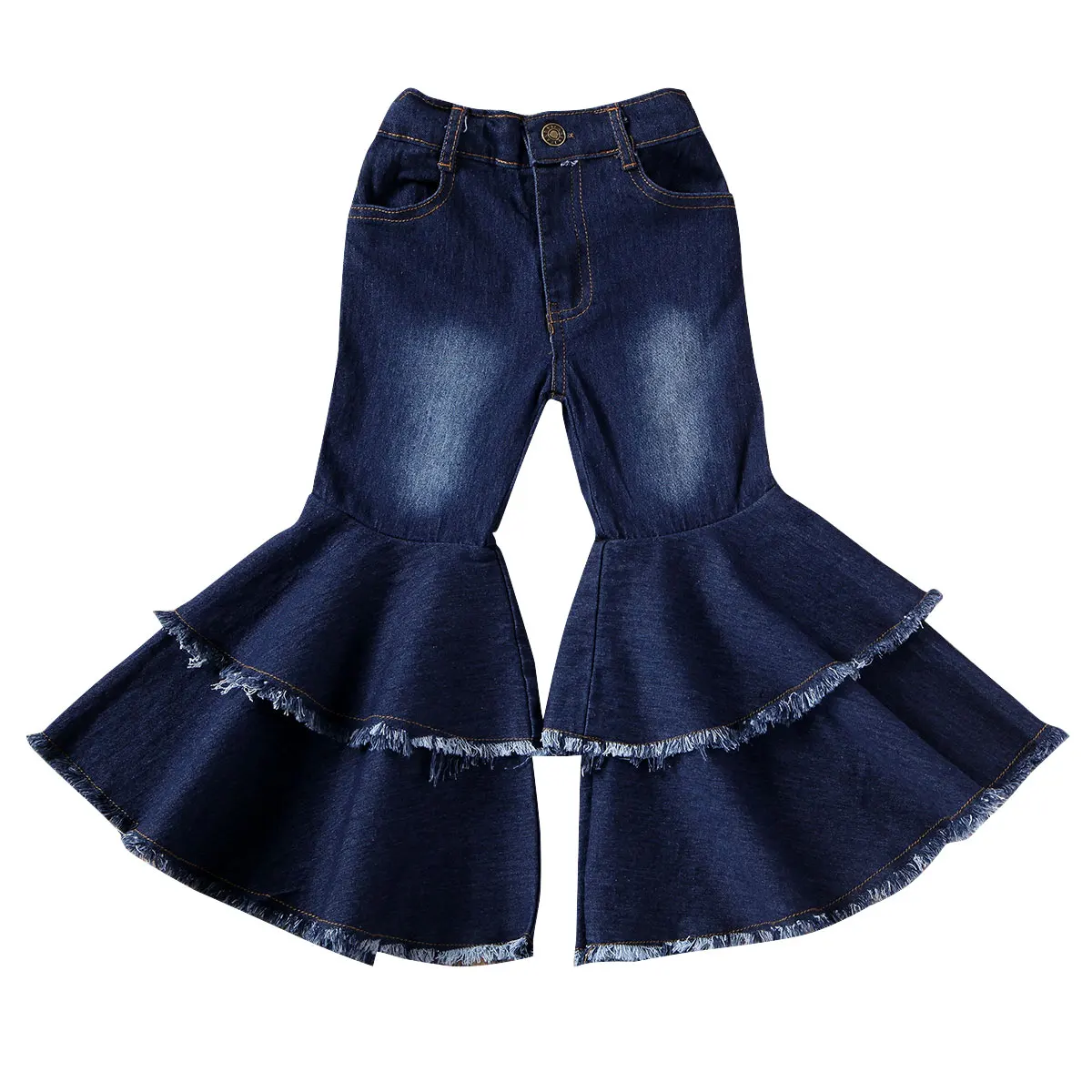 

2020 New Fall Autumn 2-7Y Toddler Baby Girls Double Flared Denim Long Pants Pockets Bell-Bottoms Jeans Trousers Wide Leg Outfit