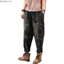 Зимние джинсы с принтом плюс вельветовые шаровары женские повседневные свободные облегающие плюс плотные женские штаны джинсы с эластичным поясом Z3