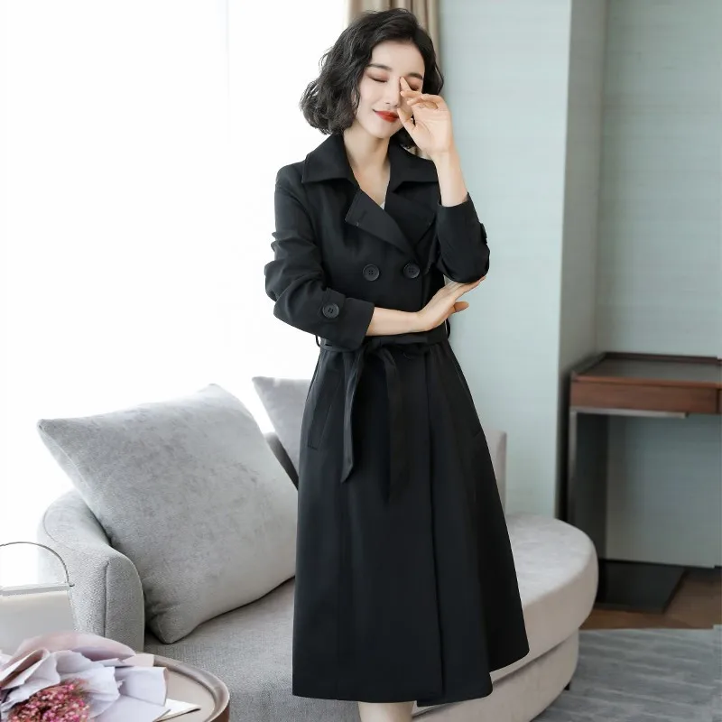 Новинка, Осенний женский плащ цвета хаки, Длинная ветровка, Европейская и американская мода, двубортный пояс, тонкий длинный Тренч, верхняя одежда, P176
