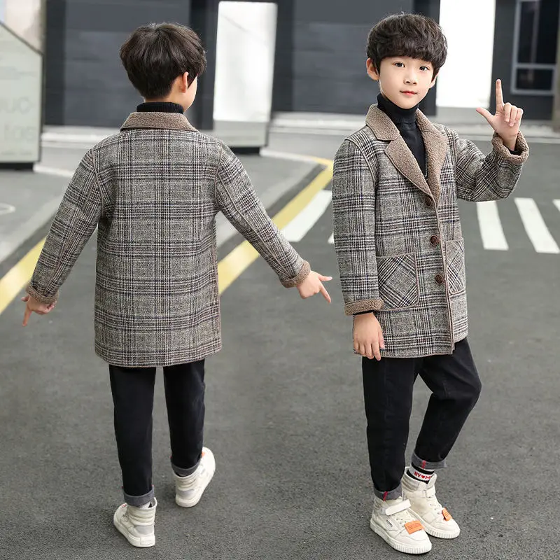Children's Wool Coat for Boy for Autumn & Spring New Casual Turn Collar Plaid Pus Velvet Men's Teenager Jacket Outerwear