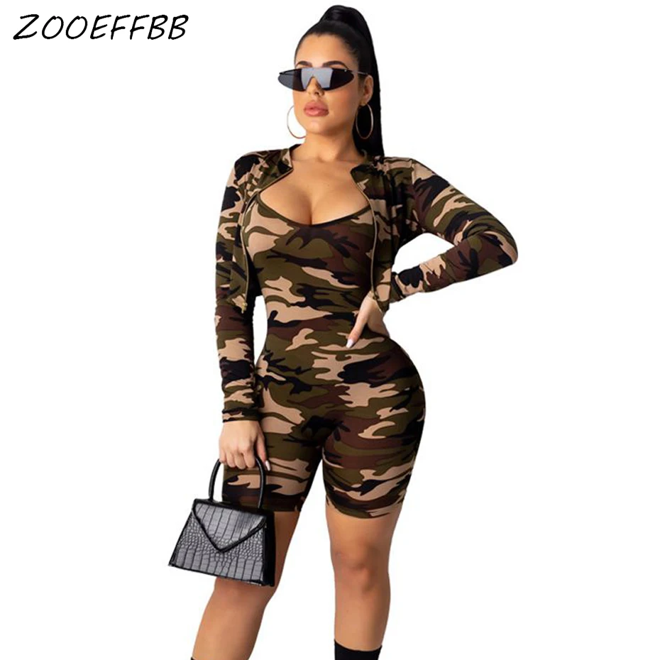 Zooefbb Камуфляжный комплект из двух предметов, Модный комбинезон Nova с длинным рукавом, короткие пальто, сексуальные Клубные наряды, комбинезоны, женские комбинезоны, шорты