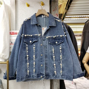 

2020 Spring Autumn New Denim Jacket Girls Large Pearl Loose-Fit Casual Long Sleeve Cowboy Short Jackets Women Jeans Coats Femme