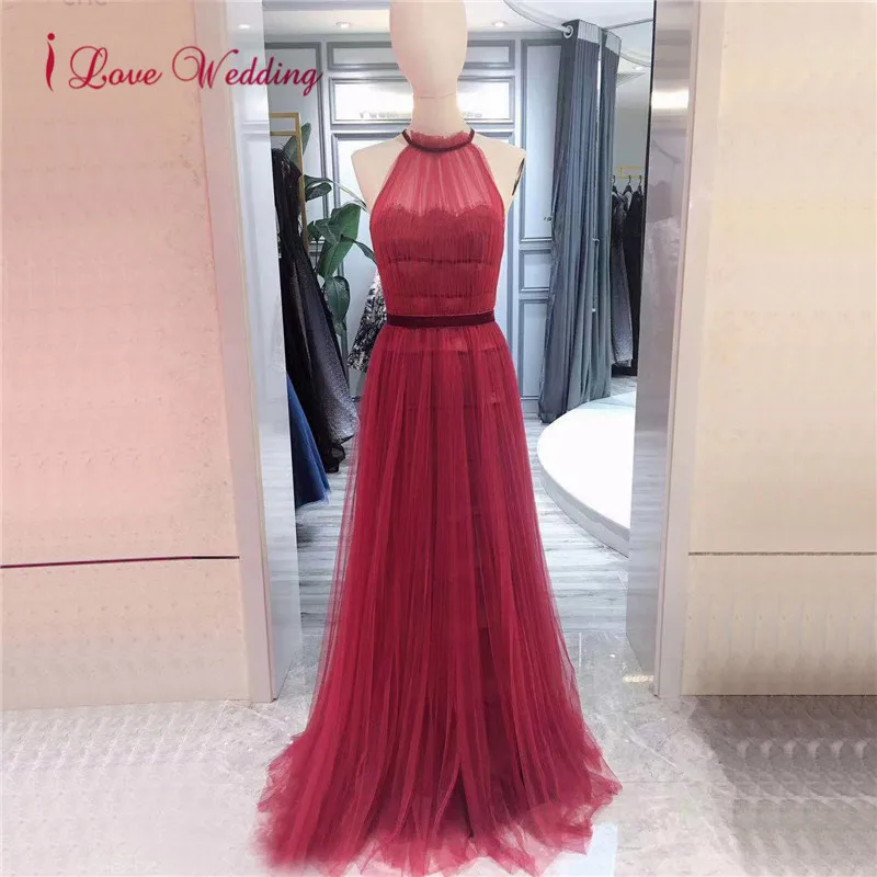 Красный Robe De Soiree, Холтер, тюль, вечернее платье, на заказ, рукава, красная линия, сексуальное, сзади, вечерние платья, длинное, Дешевое платье для вечеринок - Цвет: Красный