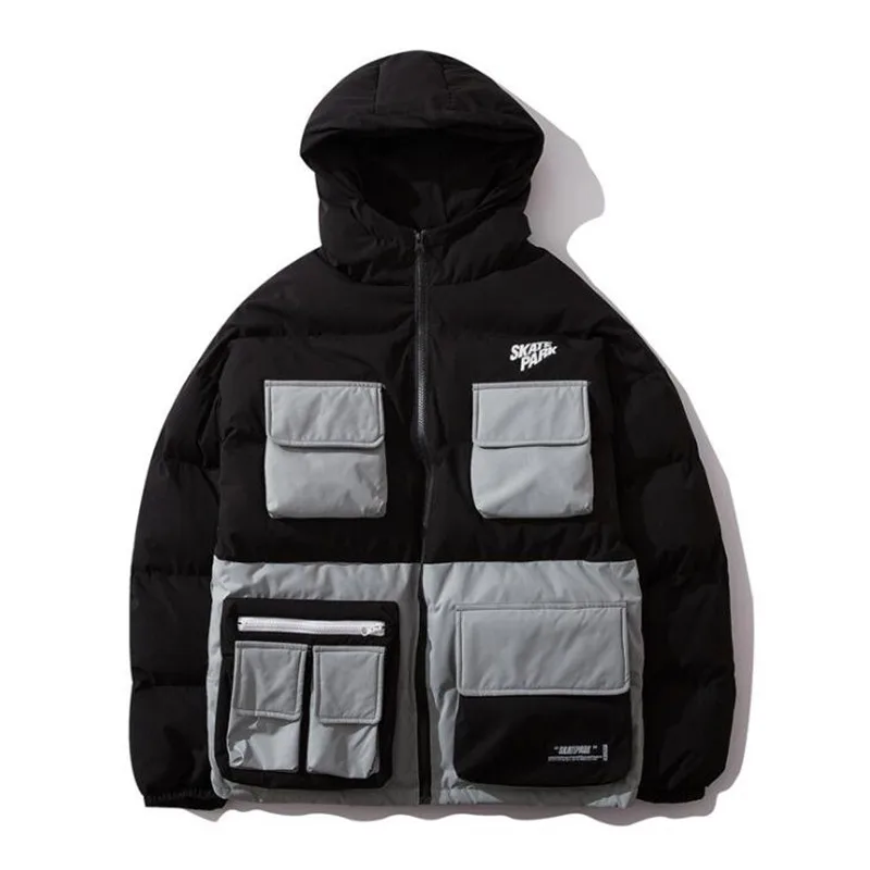 New Winter Streetwear Hip Hop Jacket Parka Padded Men Harajuku Color Block Trench Coat Hooded Windbreaker Oversize Outwear