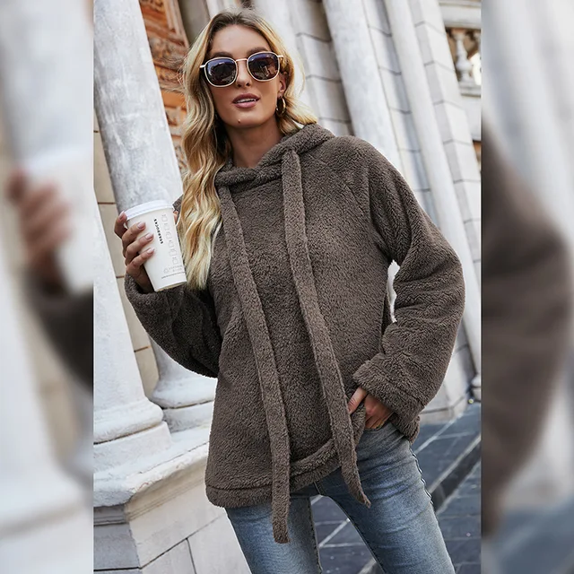 Comfy Plush Fur Hoodie Drawstring Warm 