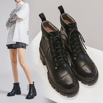 

2020 New Autumn Winter Punk Boots Women Genuine Leather Motorcycle Boots Party Casual Shoes Woman Hight Heels Ankle Boots