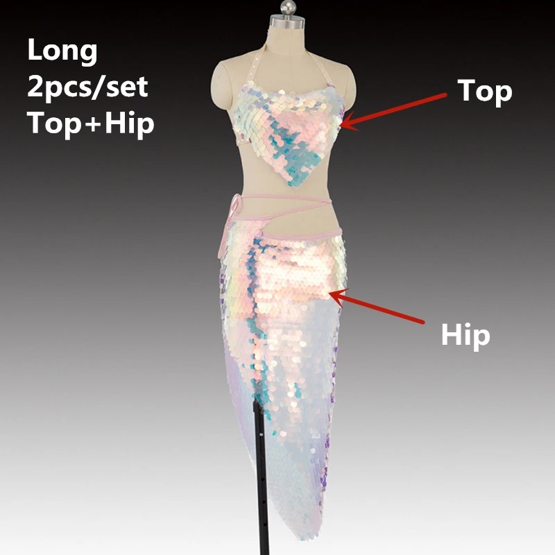 Женский набор костюма для танца живота леди Русалка блестками бедра полотенце танец живота топ+ хип шарф обёрточная бумага Пояс блесток рыбья чешуя танцевальная одежда - Цвет: Small sequins set-1
