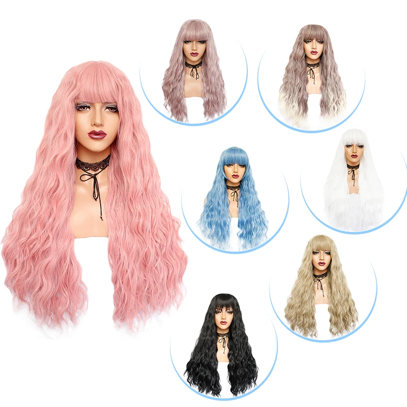 Branca com Puro Franja para Mulheres Fibra de Alta Temperatura para Cosplay Ebingoo Longa Onda Profunda Peruca Sintética