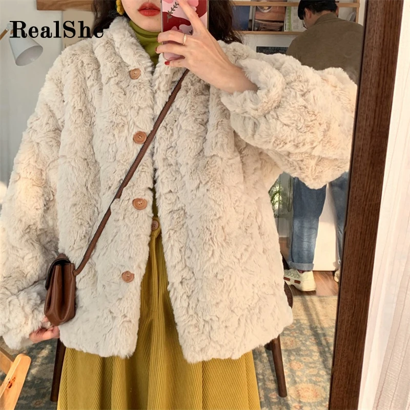 RealShe/Женская куртка из кроличьего меха с длинным рукавом и пуговицами; зимнее шерстяное пальто для женщин; сезон весна; Повседневная Уличная одежда; однотонное теплое меховое пальто;