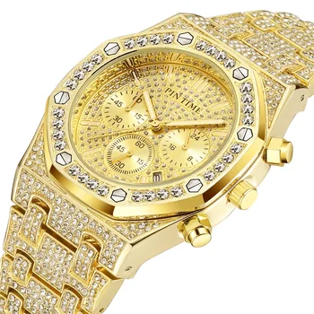 

Hip Hop Men Diamond Watch Oak Design Full Iced Out Gold Watches Stainless Steel Quartz Movement All Dial Work Chronograph Watch