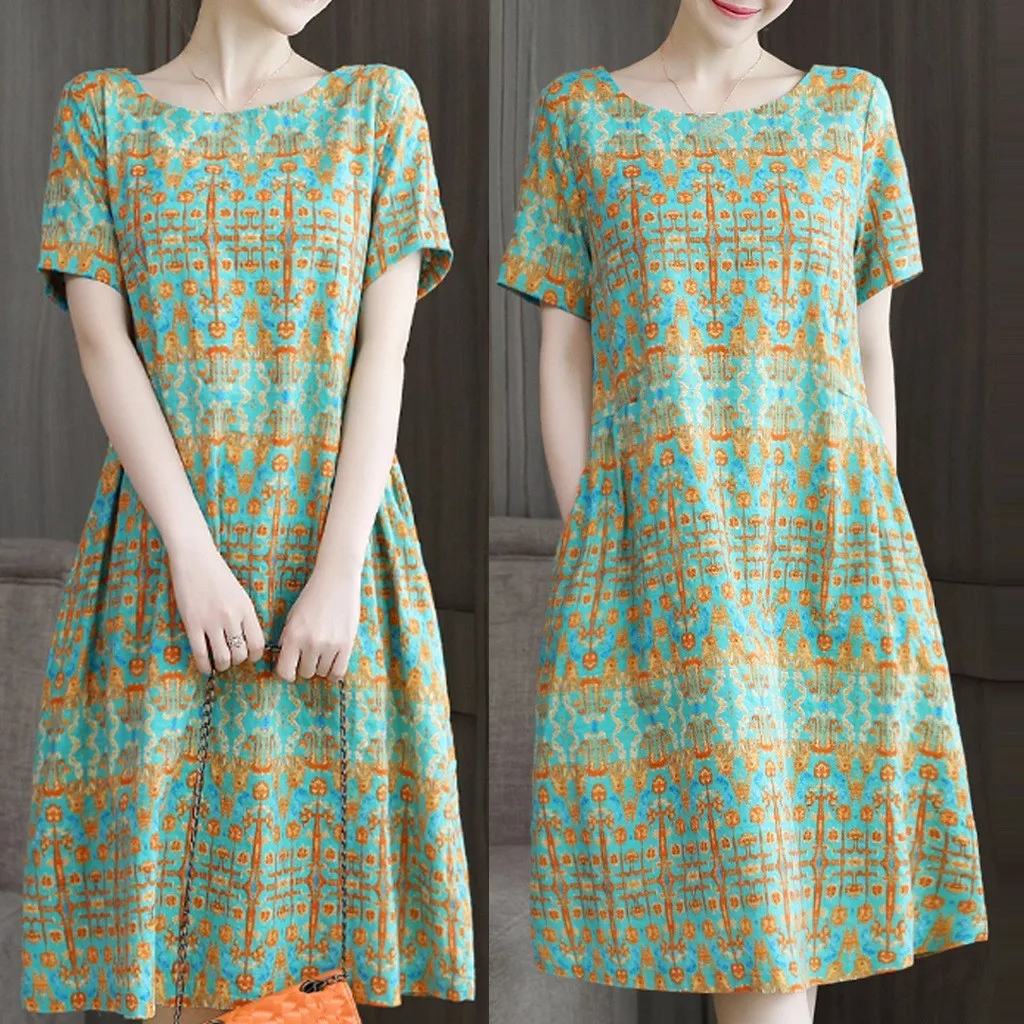 Женское модное платье в китайском стиле, летнее платье с круглым вырезом и длинным рукавом, платье с принтом, свободное платье, винтажное платье@ py