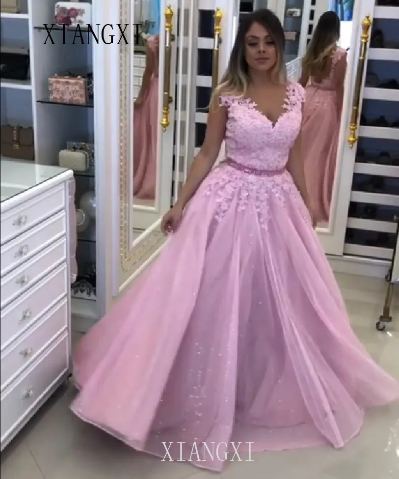 Vestidos розовые вечерние платья трапециевидной формы с вышивкой бисером Длинные вечерние Вечерние платья Вечернее платье abendkleider