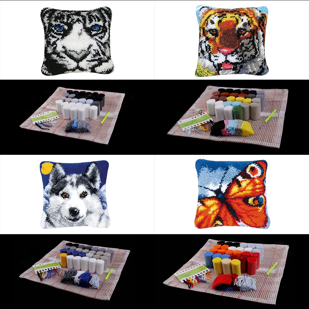 Wolf/Tiger/Giraffe Animal Pattern Latch Hook Kit DIY Pillowcase Making Package Pillow Latch Hook Rug Handmade Needlework Supply