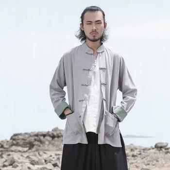 

EWQ / men's wear 2020 spring summer cotton linen tops Chinese style frog button cardigan hit color cuff long sleeve shirt 9Y1240
