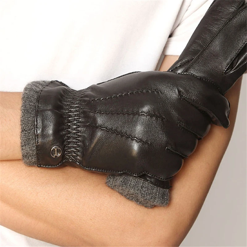 Модные кожаные перчатки для вождения с трикотажной подкладкой, мужские перчатки из натуральной козьей кожи, эластичные перчатки на запястье с пятью пальцами, Em006wr
