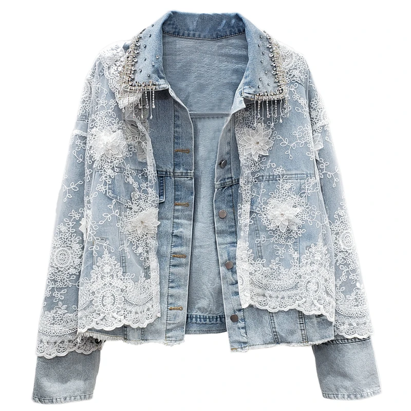 

Autumn Women New Diamond tassel 3D Lace flower Hollow Washed Blue Denim jacket Loose Hole Jeans jacket Ropa De Mujer Streetwear