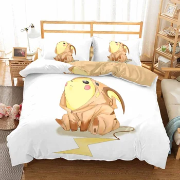

Pikachu Anime Duvet Cover Set Twin Full Queen King Bed Linen Set Janpanese Game Character Cartoon Bedding Set 3PCS for Kids