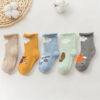 

5 Pairs/pack Newborn Baby Boys Girls Socks Autumn/winter Casual Cartoon Pattern Cotton Warm Children's Terry-loop Hosiery