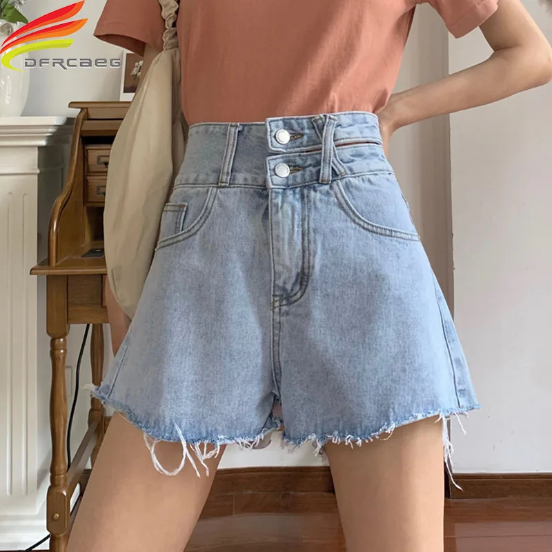 

Summer 2020 New High Waist Denim Shorts For Women Double Buttons Sky Blue Korean Style Wide Leg Jeans Shorts Woman Hot Sale