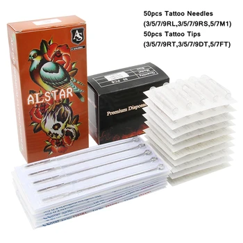 

50pcs Disposable Mixed Tattoo Needles + 50pcs Assorted Sterilized Disposable Tattoo Tips, 5pcs of each 3rl 5rl 7rl 7rl 3rs 5rs 7