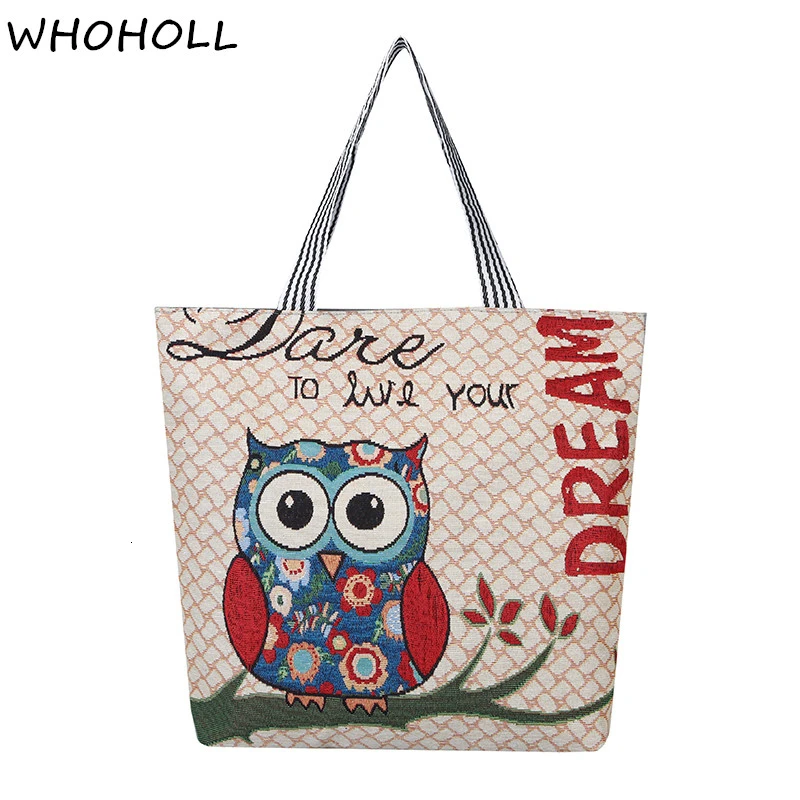 Большая вместительная льняная Холщовая Сумка на одно плечо с принтом совы, богемные женские сумки для покупок, посылка, универсальная Повседневная посылка