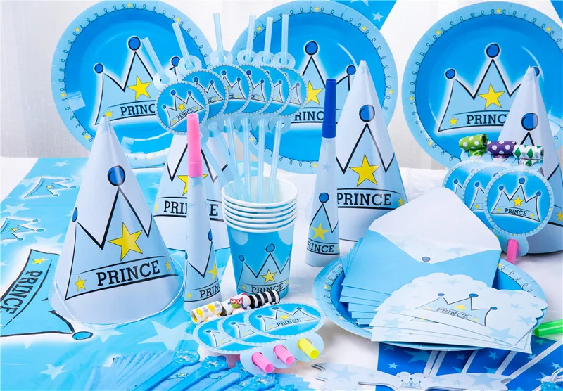 Вечеринка для мальчика день рождение синий принц корона вечерние украшения Дети одноразовые посуда бумажные тарелки чашки соломинки мальчик ребенок душ Декор