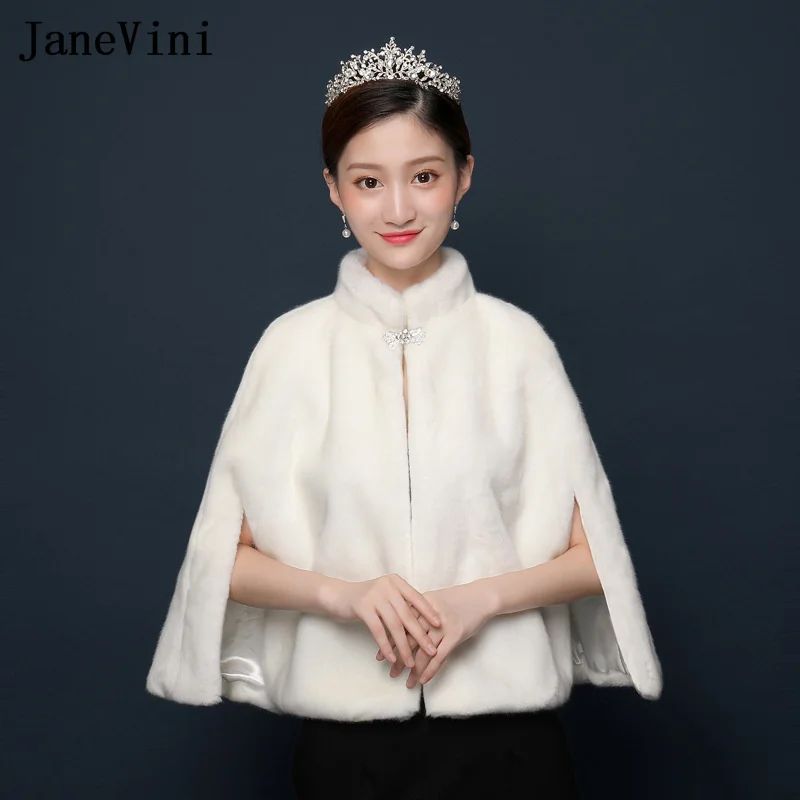 JaneVini 2021 High Neck Women Shrugs Party Shawl Winter Wedding Cape Wraps Bolero Dames Bridal Stoles Stola Elegante Cerimonia