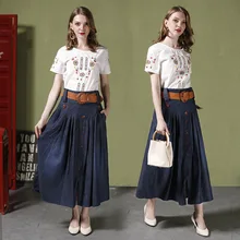 Женская юбка Осенняя джинсовая плиссированная юбка Повседневная Женская высокая талия пуговицы длинная Макси юбка с поясом Saia Blue 6XL