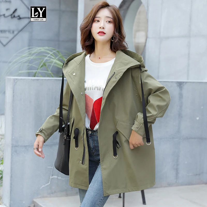 

Ly Varey Lin Autumn Women Trench Coat Medium Long Casual Loose Hooded Windbreaker Single Breasted Lace-up Army Green Outwear