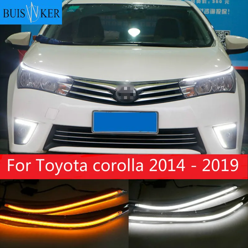 

Для Защитные чехлы для сидений, сшитые специально для Toyota corolla 2014 - 2019 светодиодный DRL головной светильник бровей дневные ходовые огни светильник противотуманных фар с течет динамический желтый сигнал поворота