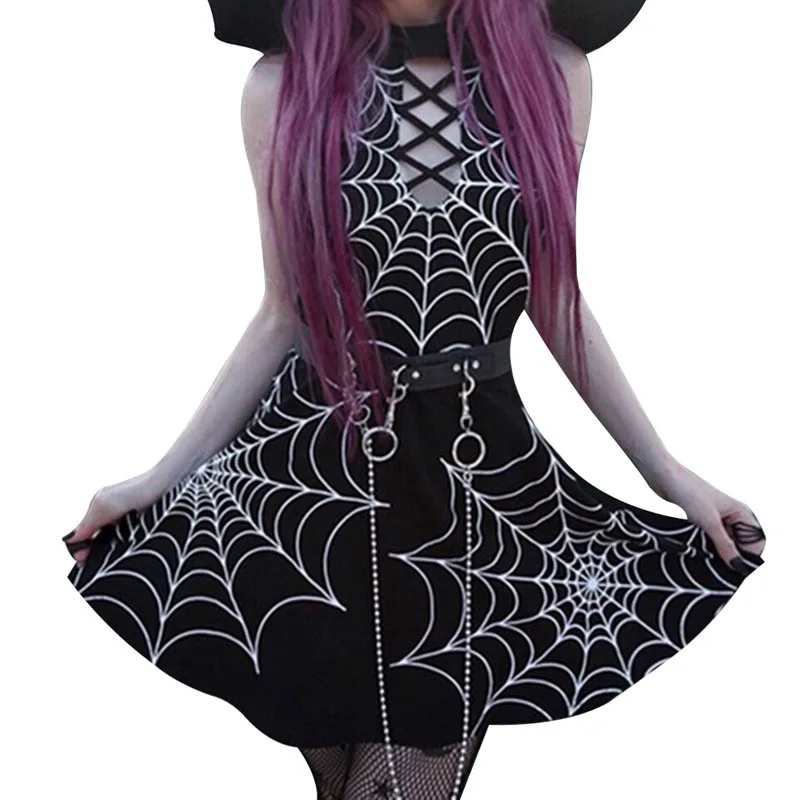 Для девочек Хэллоуин готический Холтер Мини-Платье страшный костюм паука для женщин взрослых ужасов паутины топы темно-панк уличный стиль платье