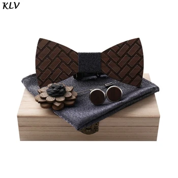 

Simple Fashion Brooch Bow Tie Hanky Cufflinks Set Wooden Corsage Men Women Wedding Party Dating Jewelry