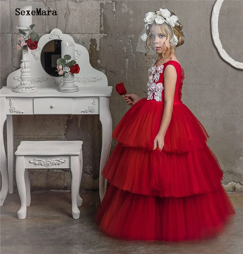Dollcake для девочек в цветочек платья; платье с фатиновой юбкой 3D цветочный аппликатор и красного цветов для девочек Праздничное платье индивидуальный заказ; платье на день рождения