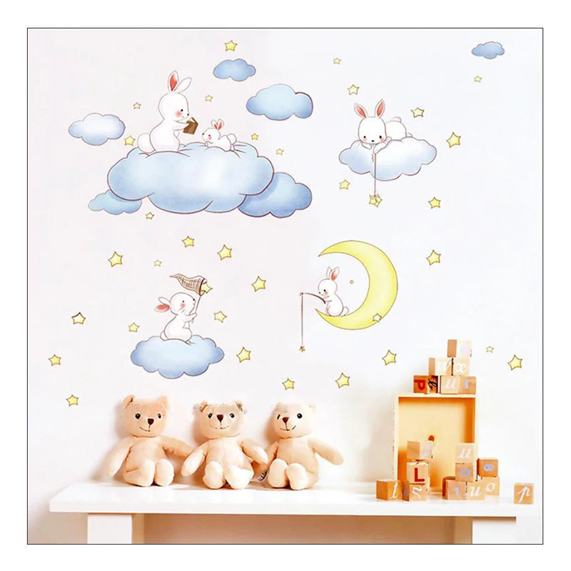 

Cute Rabbit Cloud Wallpaper Self-adhesive Moon Stars Wall Sticker For Study Sofa Background Wardrobe Kids Room Refrigerator Door