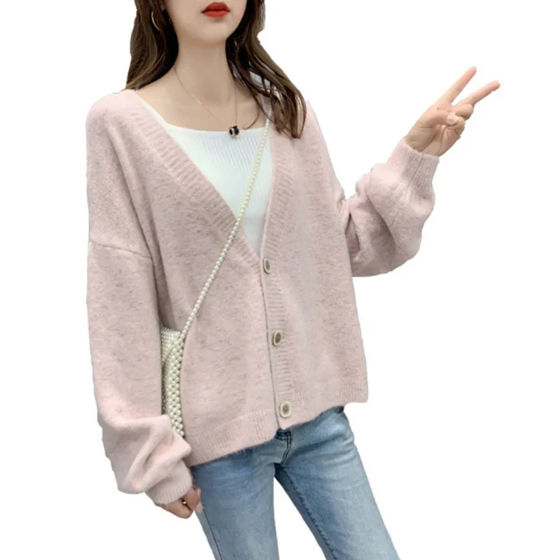 Korean Style Spring Autumn Sweet Loose Lazy Wind Button Knit Cardigan Pocket Jumper Sweater Long Lantern Sleeve Coat Women - Color: P