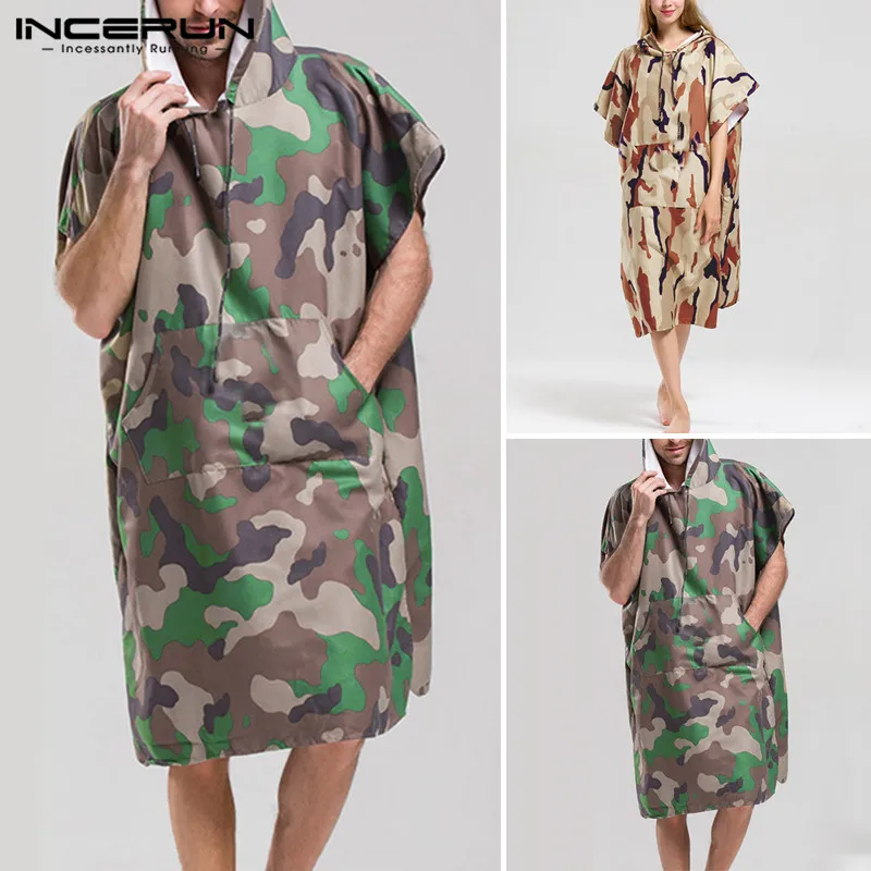

INCERUN Men Chic Camouflage Short Sleeve Hooded Pullover Poncho Beach Cape Cloak Bath Towel Casual Men Bathrobe Hoodies 2020