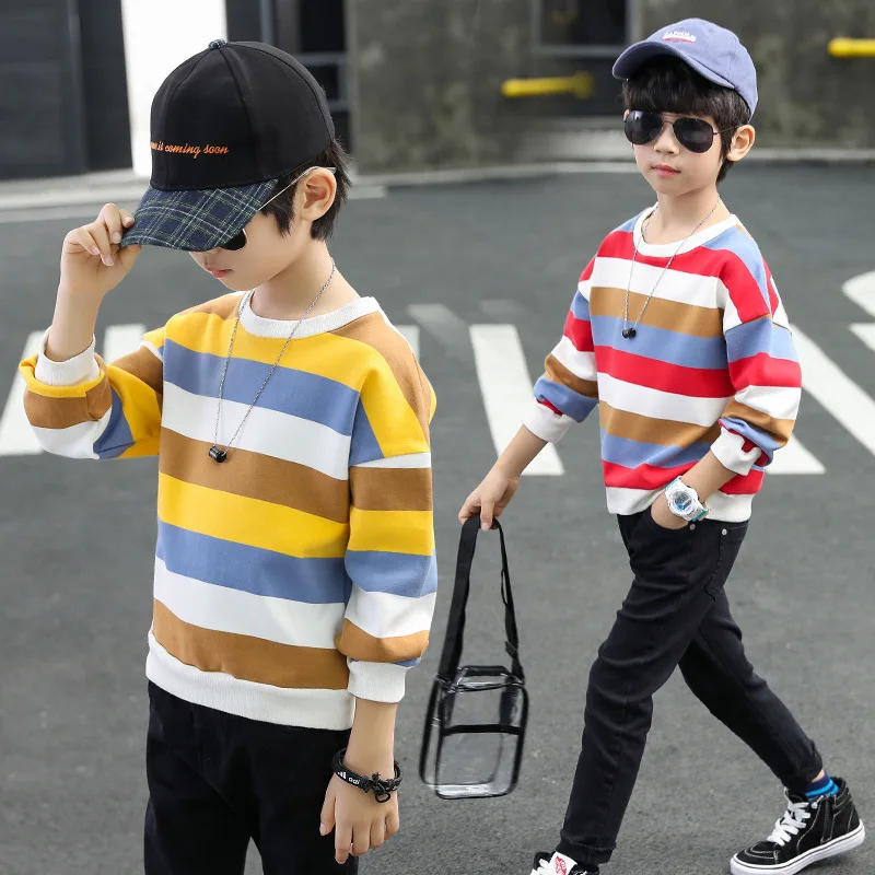 Children t-shirts boy clothes long sleeve coats red green yellow stripe Tshirts teens boys kid sweatshirt 4-14 years tops tees