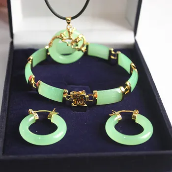 

new! woman's noblest fine green jades dragon pendant & earring bracelet jewelry set